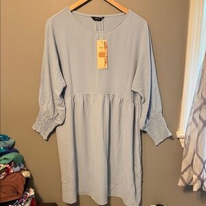 Light Blue Smocked Sleeve Women's Dress